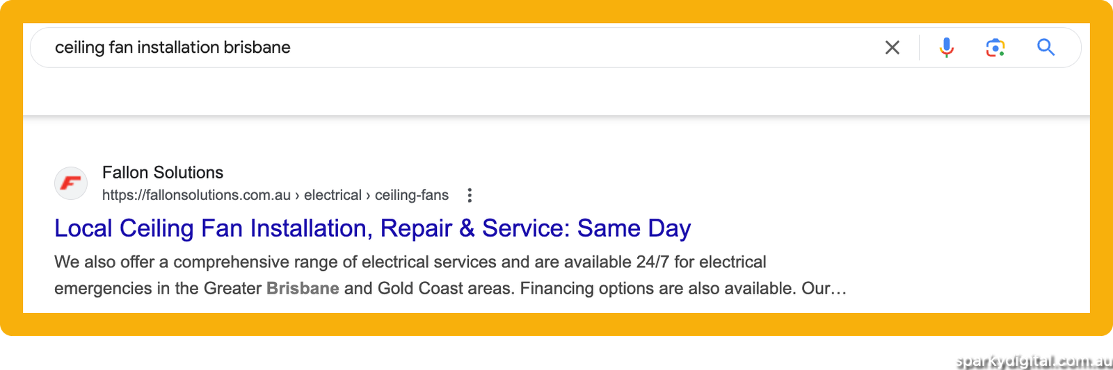 SERP snippet of ceiling fan installation in Brisbane