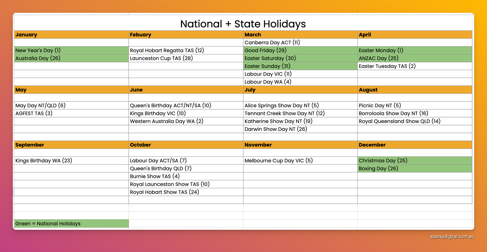 National + State Holiday Schedule 2024