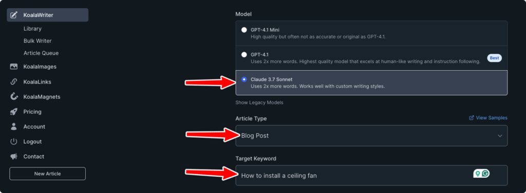 Image of Koala.sh Ai writer with arrows showing how to use it