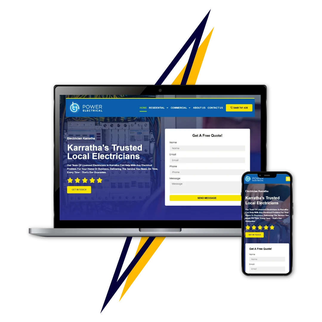 Electrician website displayed on laptop and mobile